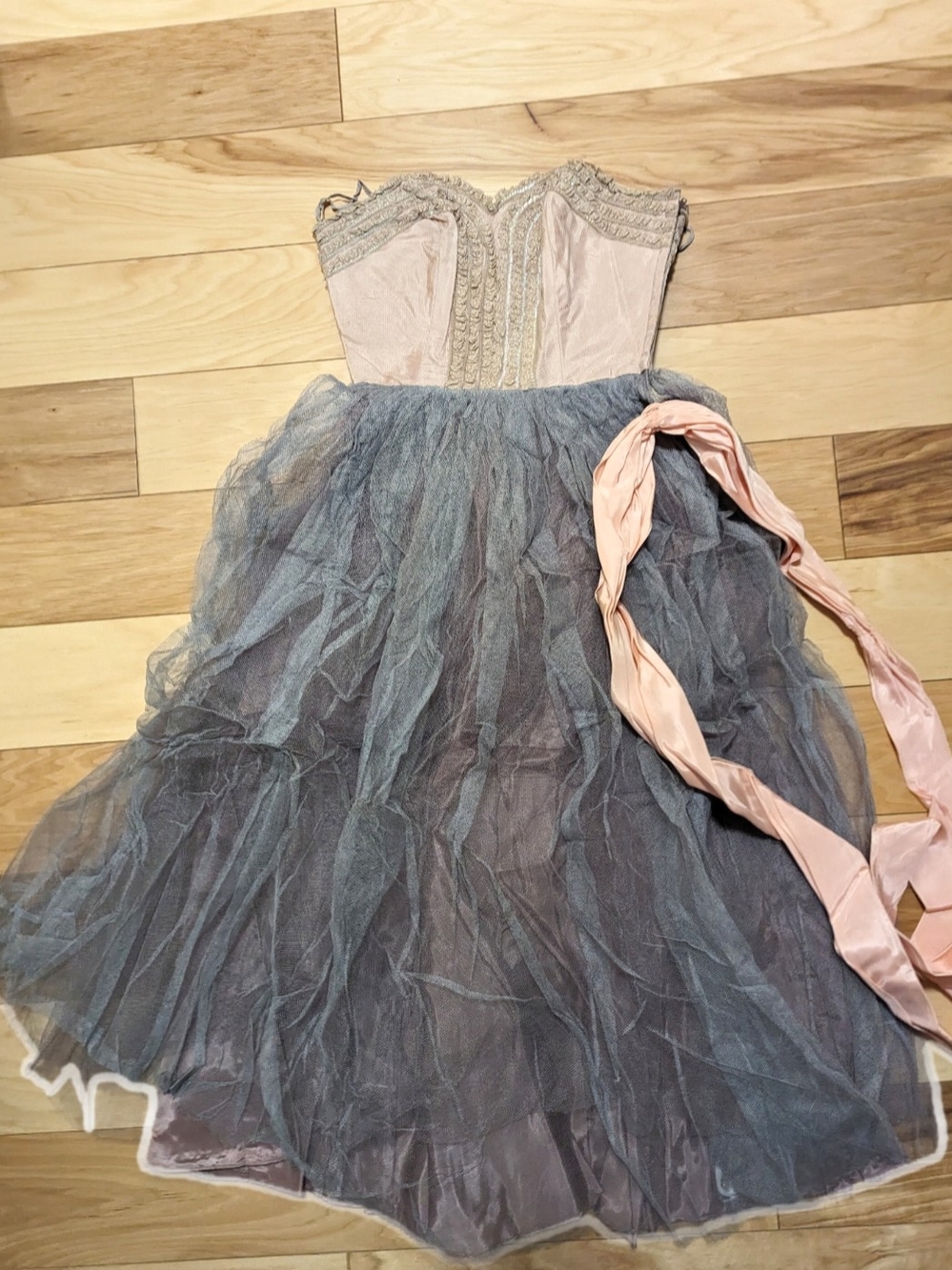 Vintage Pink & Gray Tulle Party Dress with Pink Sash